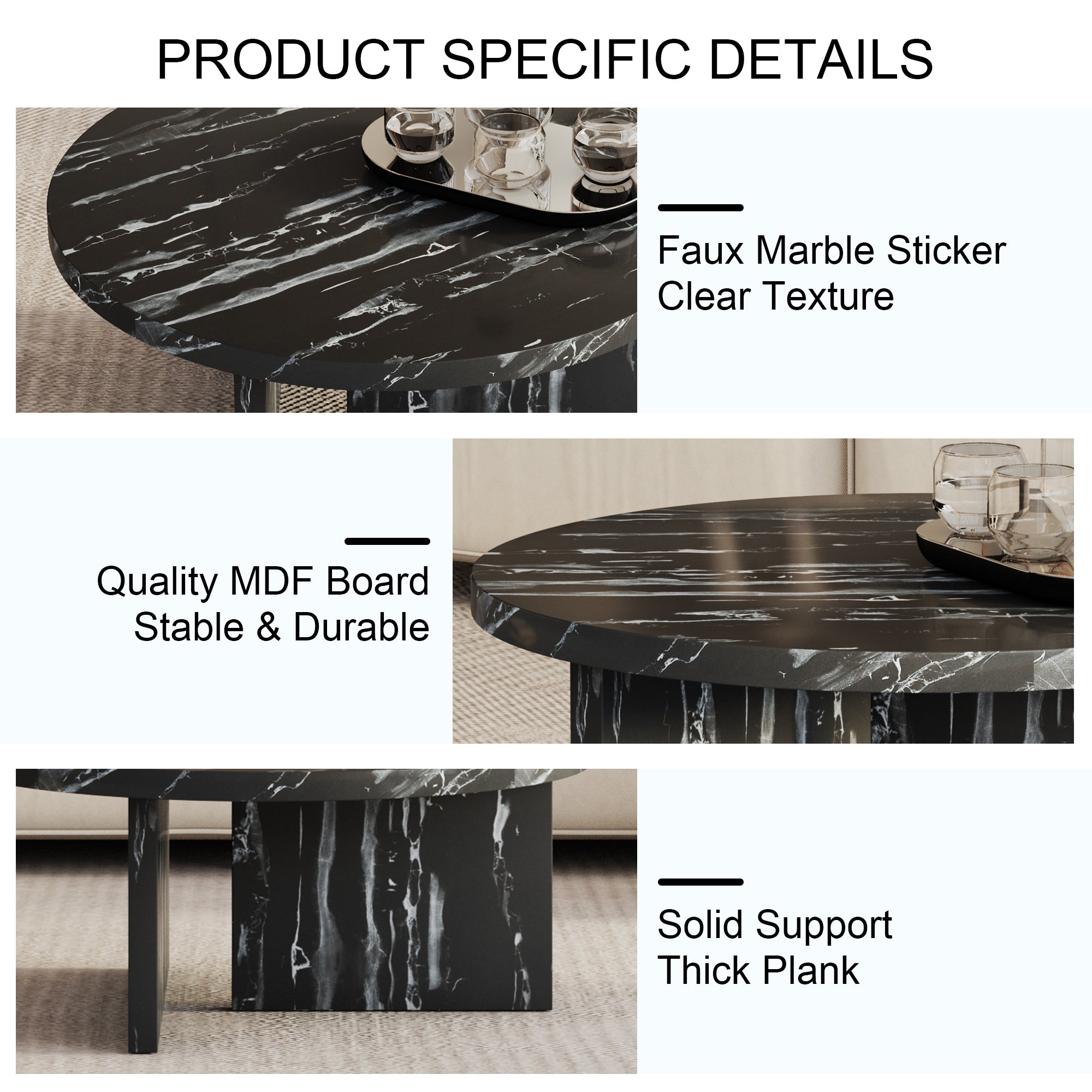 Modern Circular Coffee Table with Texture - Black