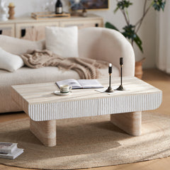 Coffee Table with Faux Marble Tabletop, Mid Century Modern Coffee Table with Fluted Drawer, Coffee Table for Living Room, Office