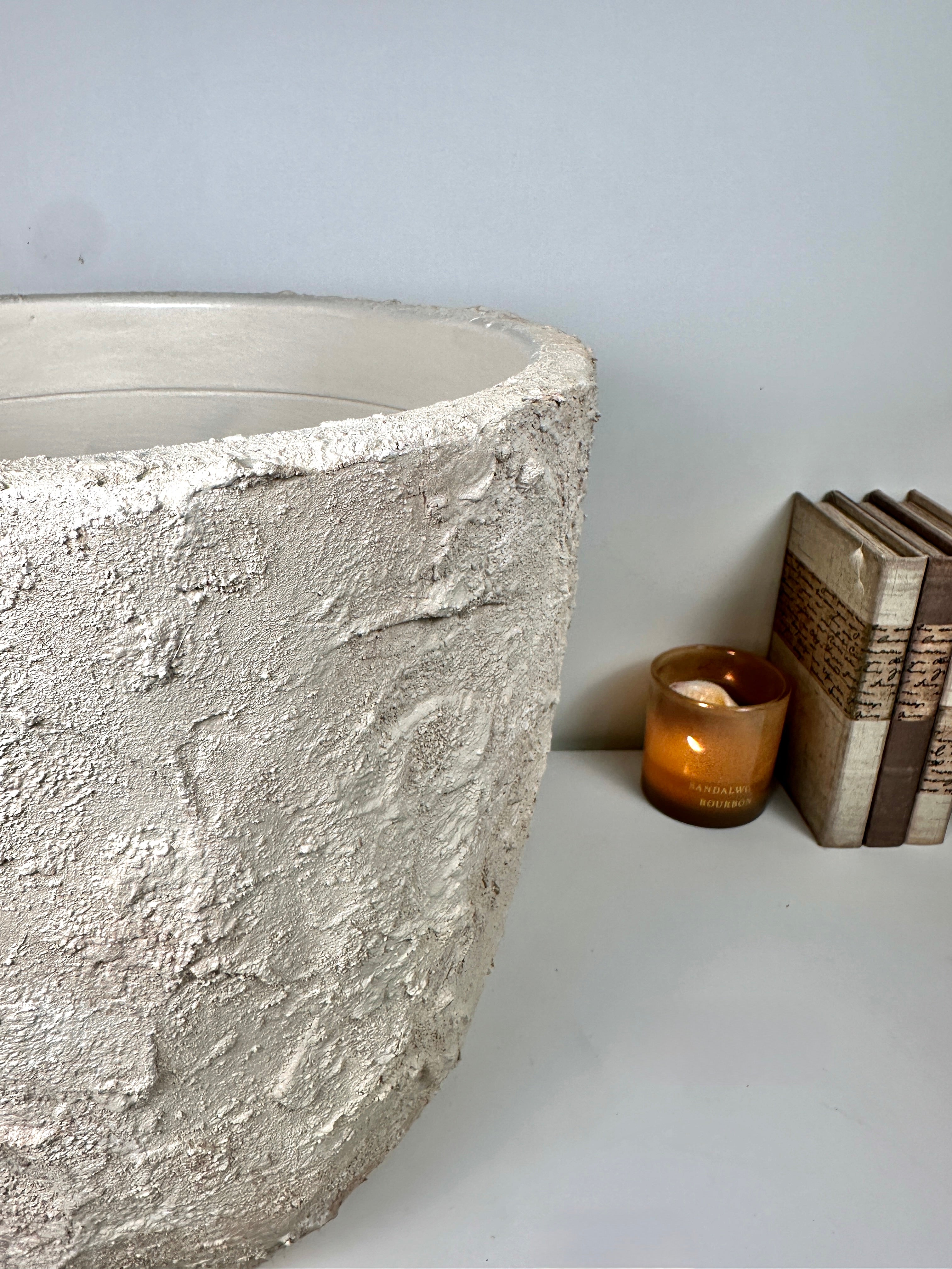 Minimalist Hand-Painted & Textured Planter Pot 14" tall with drainage hole one time creation - Cream