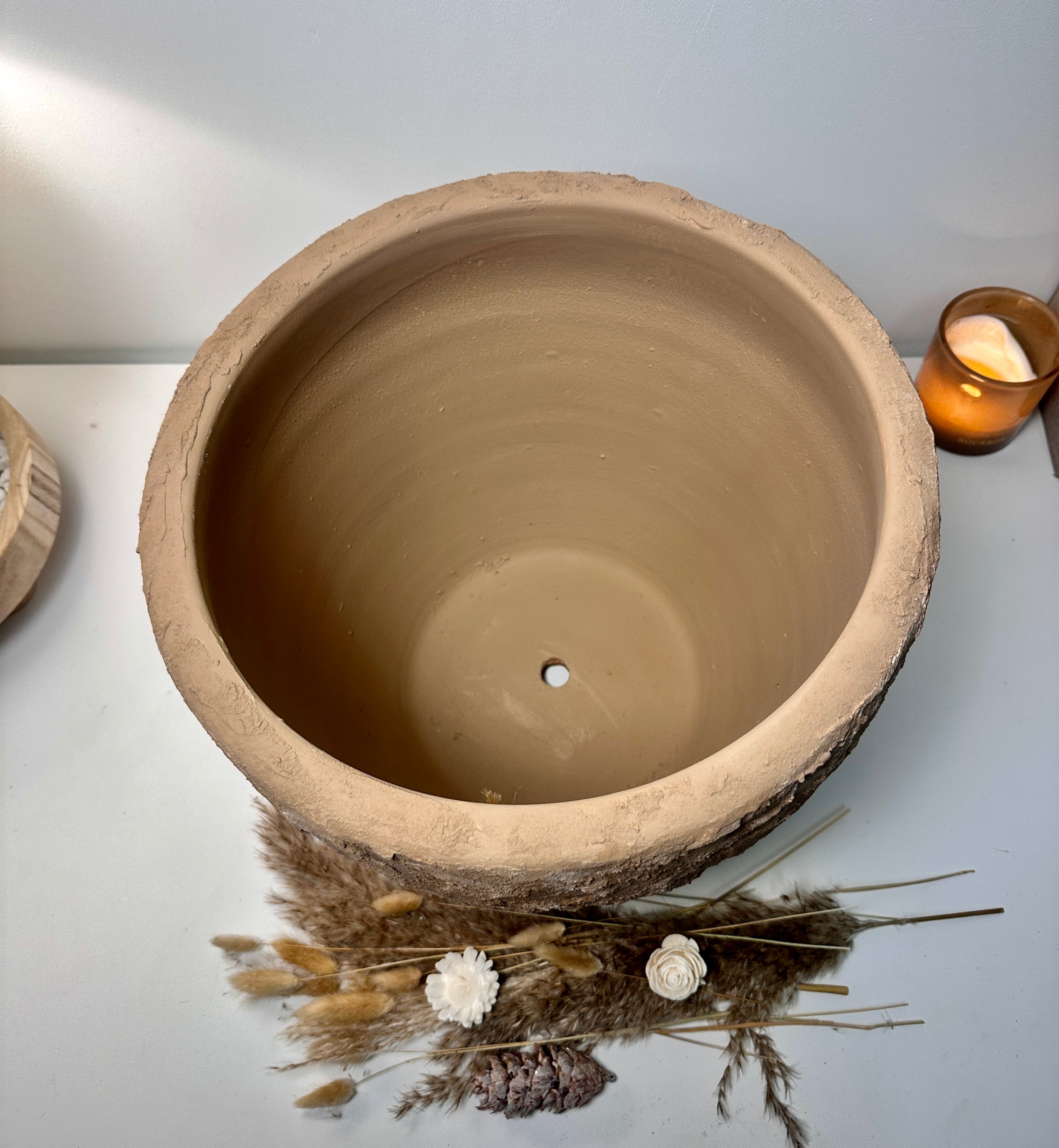 Rustic Hand-Painted & Textured Planter Pot 13" tall with drainage hole one time creation - Earth Brown on Brown