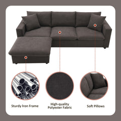 100.4x64.6" Modern Sectional Sofa, L-Shaped Couch Set With 2 Free Pillows, 4-Seat Polyester Fabric Couch Set With Convertible Ottoman - Dark Brown