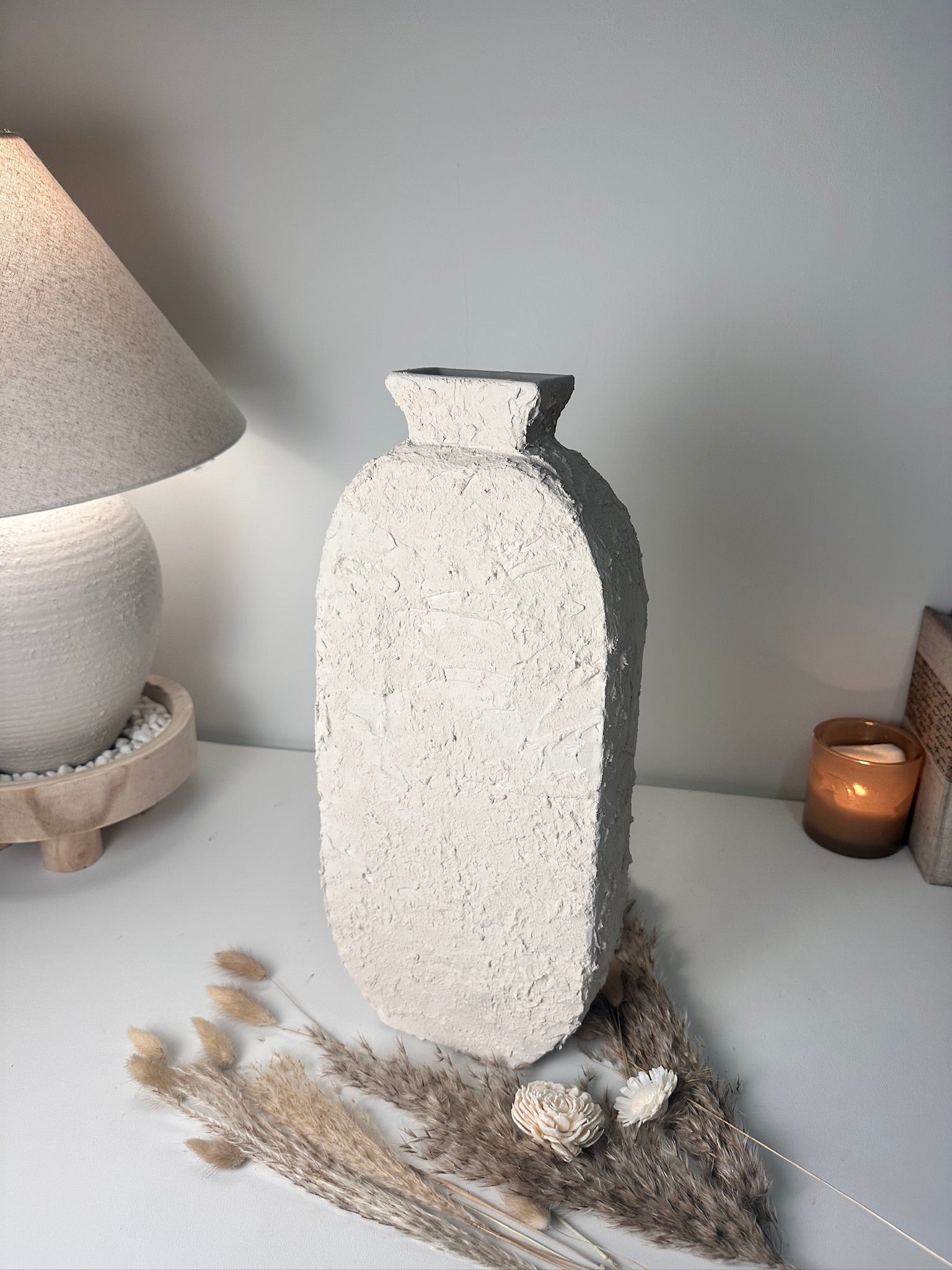 Minimalist Textured Hand-painted Sculpture Floor or Table Vase 17" tall - Cream