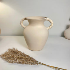 Minimalist Hand-Painted Ceramic Textured Vase 9" - Cream White