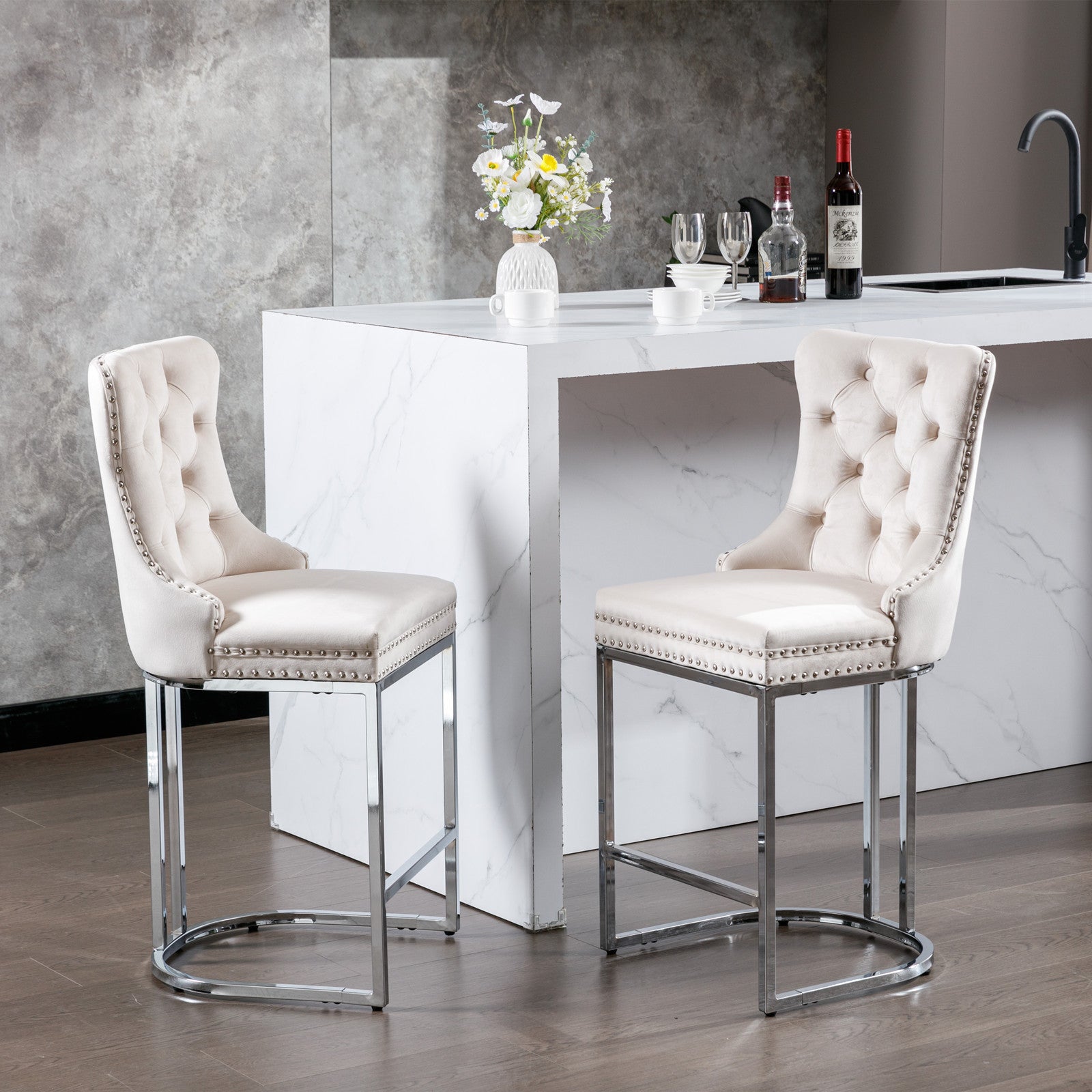 Modern Velvet Barstools 26" Counter Height Bar Stools (Set of 2) - Beige