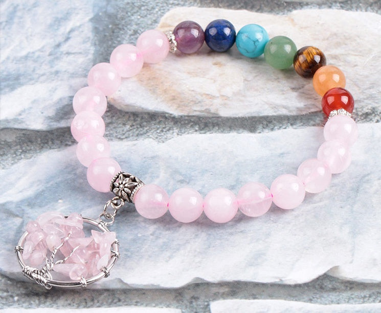 Chakra Pink Quartz Tree of Life - Beaded Bracelet