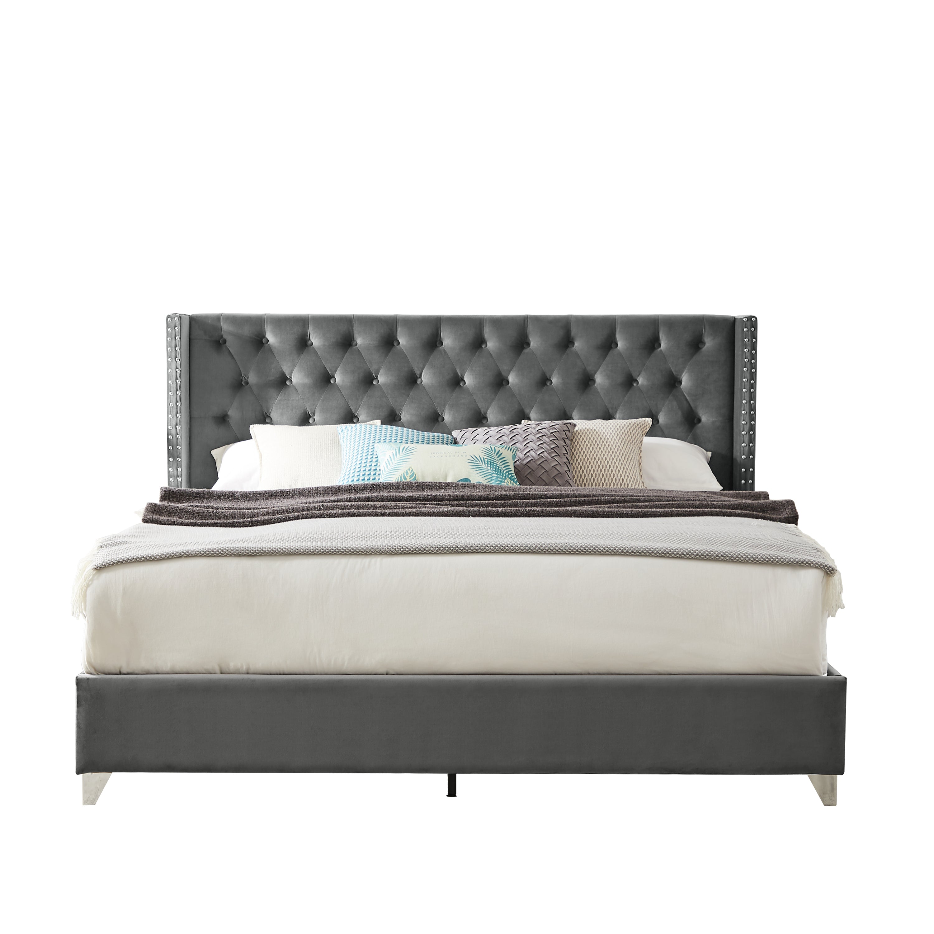King bed, Button designed Headboard - Gray