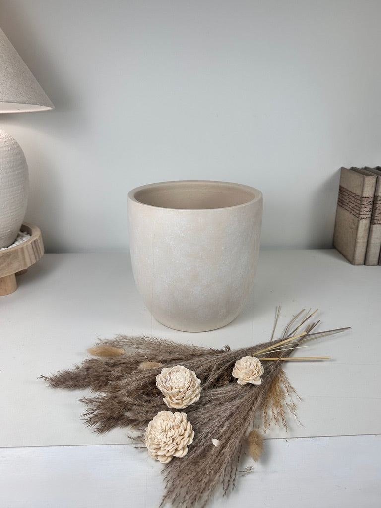9" tall Minimalist Hand-Painted & Textured Planter Pot with drainage hole - Sand wash