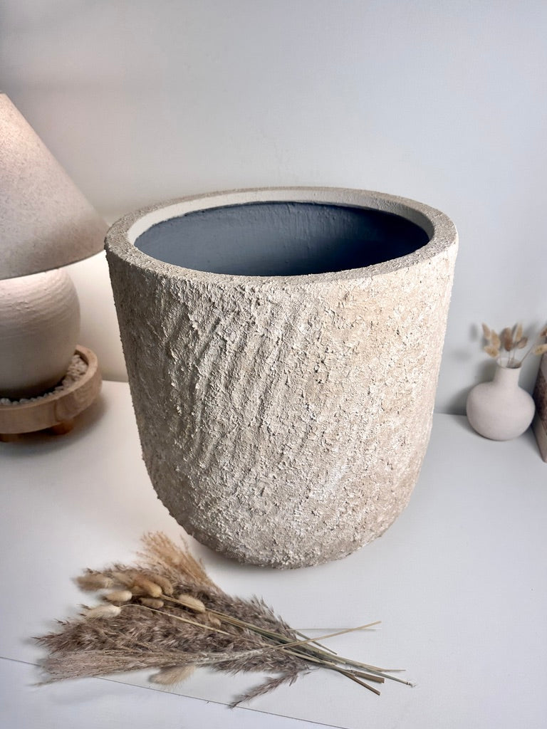 Minimalist Hand-Painted & Textured Planter Pot 17.5" tall with drainage hole one time creation - cream sand washed