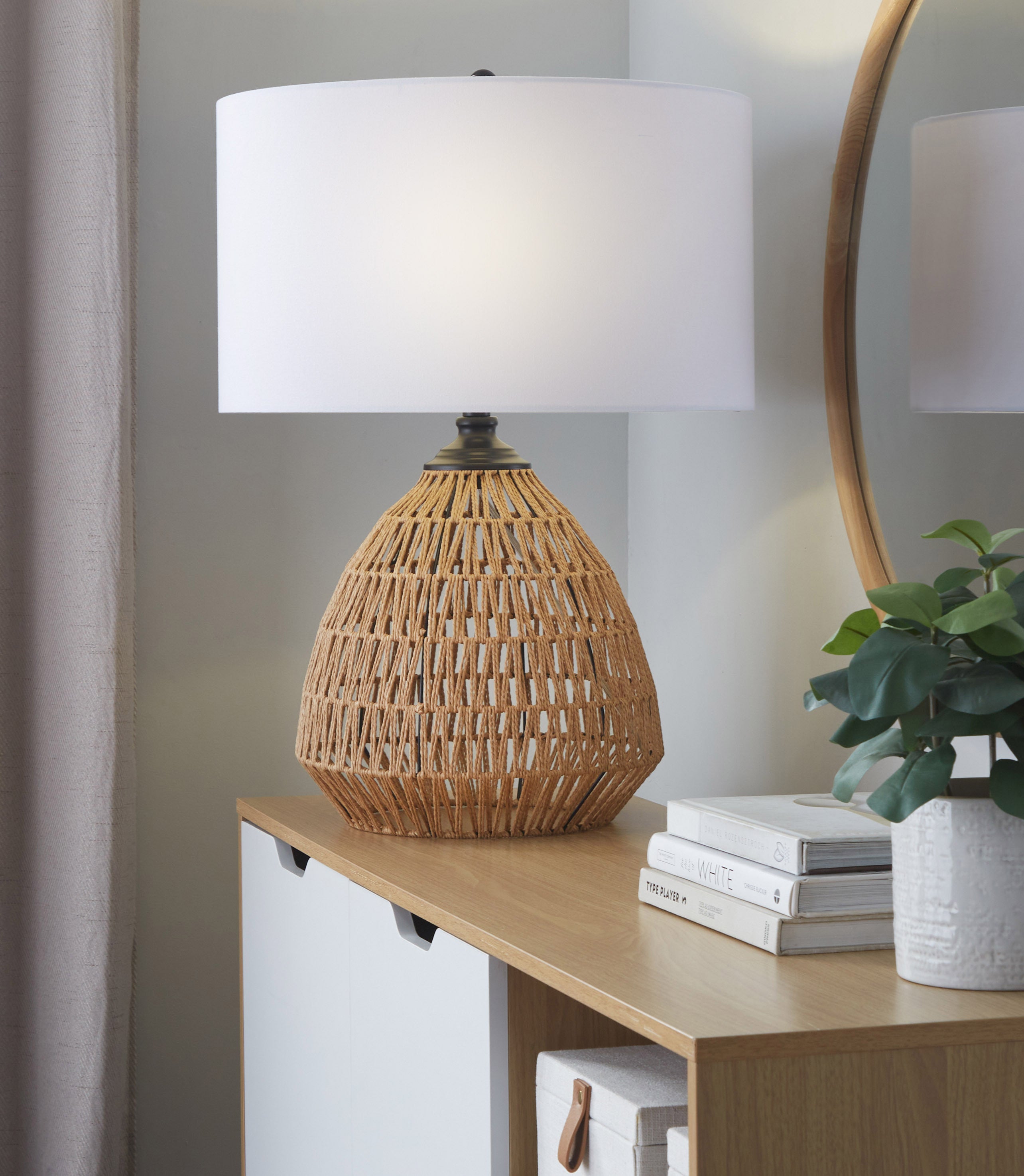 Boho 29" Contemporary Table Lamp in Natural Rope Rattan, Matte Black Metal and White Linen Shade