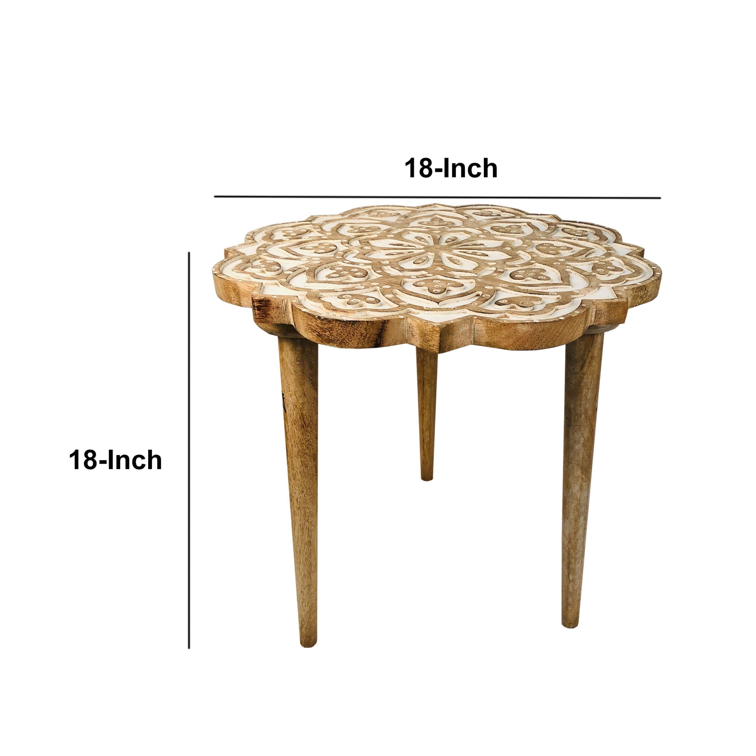 Handcrafted Mango Wood Side End Table, Floral Carved Top, Tripod Base, 18 Inch  - Antique Brown & White