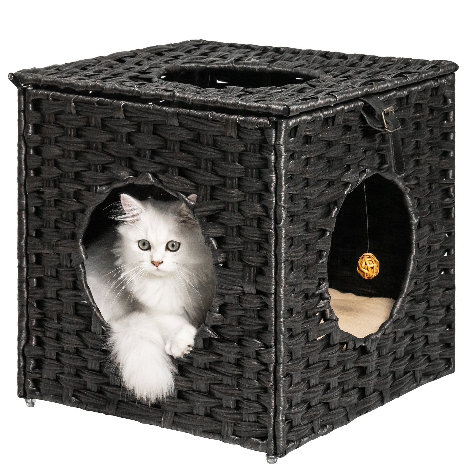 Rattan Cat Litter,Cat Bed with Rattan Ball and Cushion - Black