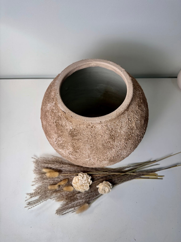 Rustic Textured Hand-Painted Ceramic Round Vase 14.5" - Earth Brown