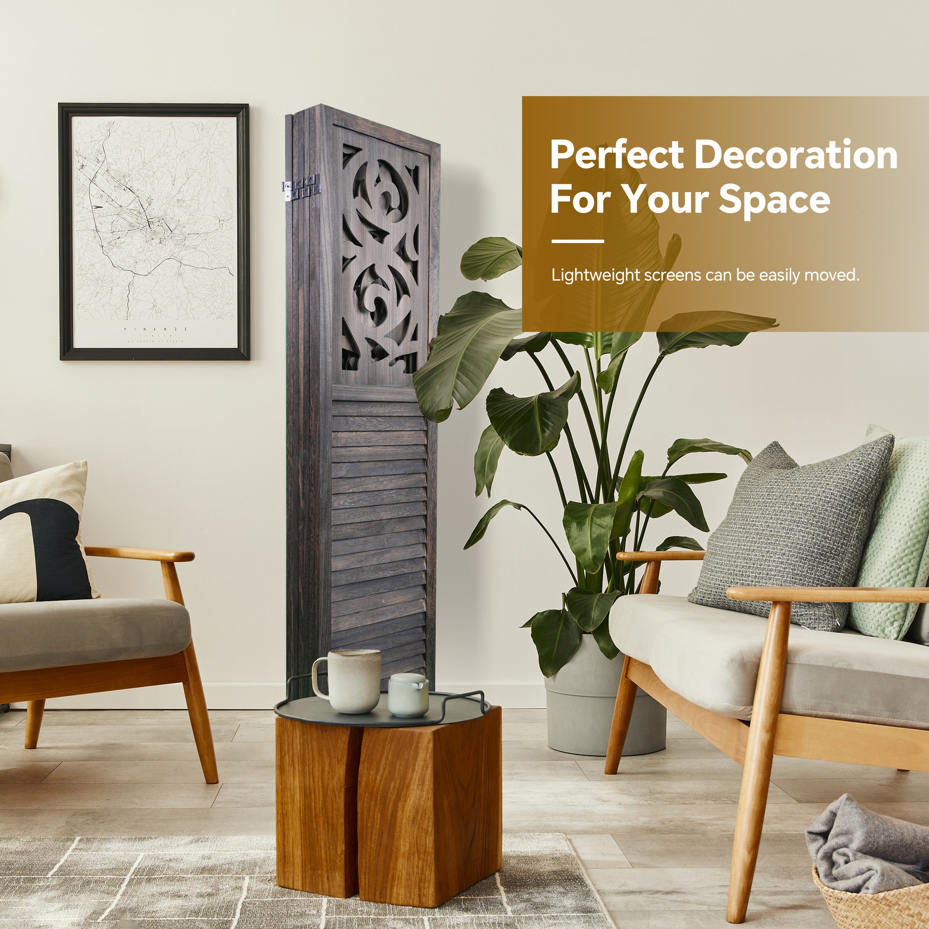 6 Panel Room Dividers, 6FT Carved Wood Room Divider Partition Room Dividers Wall Wooden Carved Folding Privacy Screens Foldable Panel Wall Divider for Office Restaurant, Rustic Brown