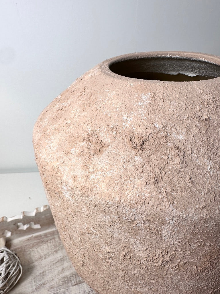 Rustic Minimalist Textured Hand-Painted Ceramic Vase 12" - Light Beige Wash