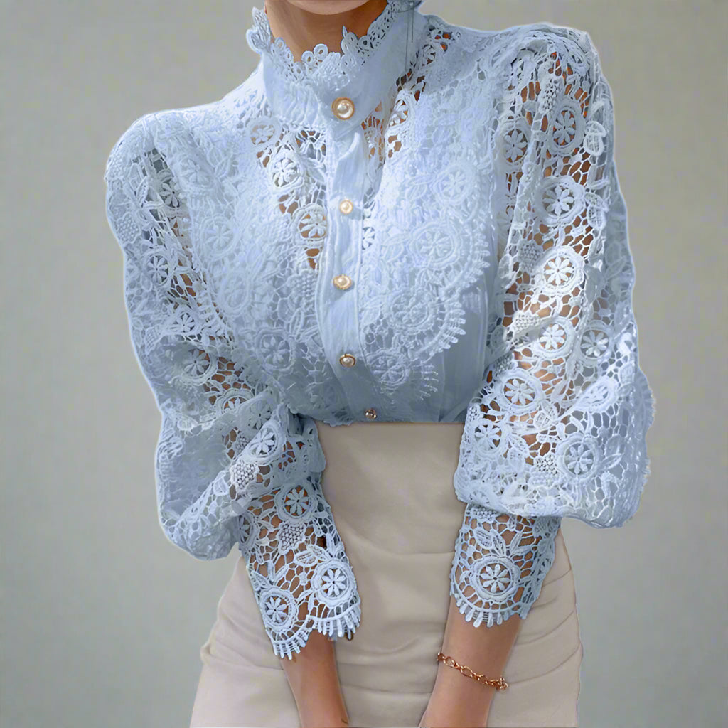Elegant Women's Vintage Pearl Button Lace Blouse - Puff Sleeve Semi-Sheer Ruffled Stand Collar Shirt
