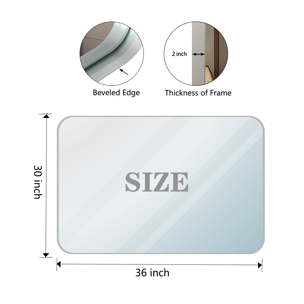 Glossy Brushed Silver Rounded Corner Rectangle Wall Mirror 36x30inch  (Horizontal & Vertical)
