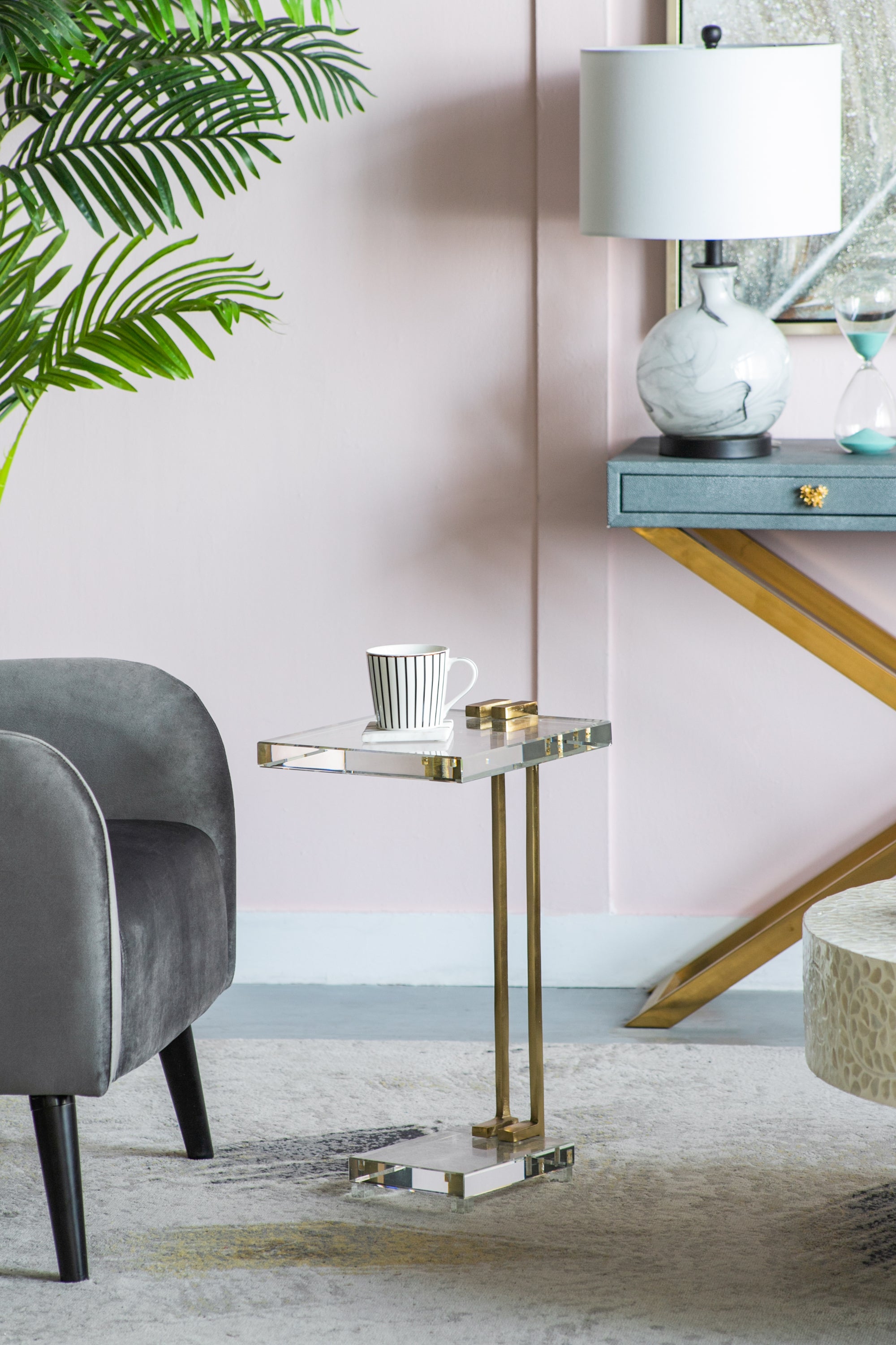 Crystal Side Table with Gold Metal Frame 22"