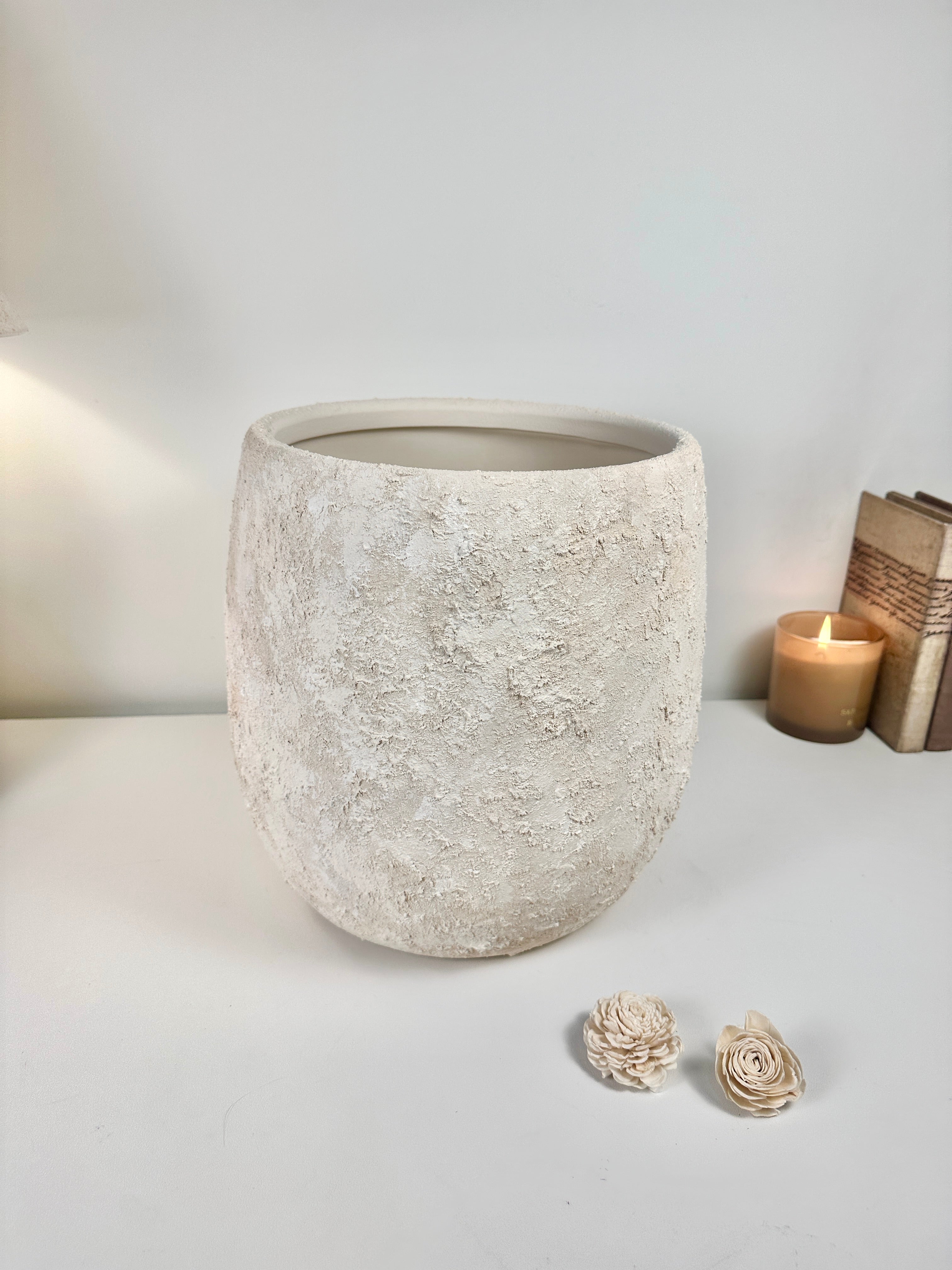Minimalist Textured Hand-painted Ceramic Planter 12.5"" tall - off white washed