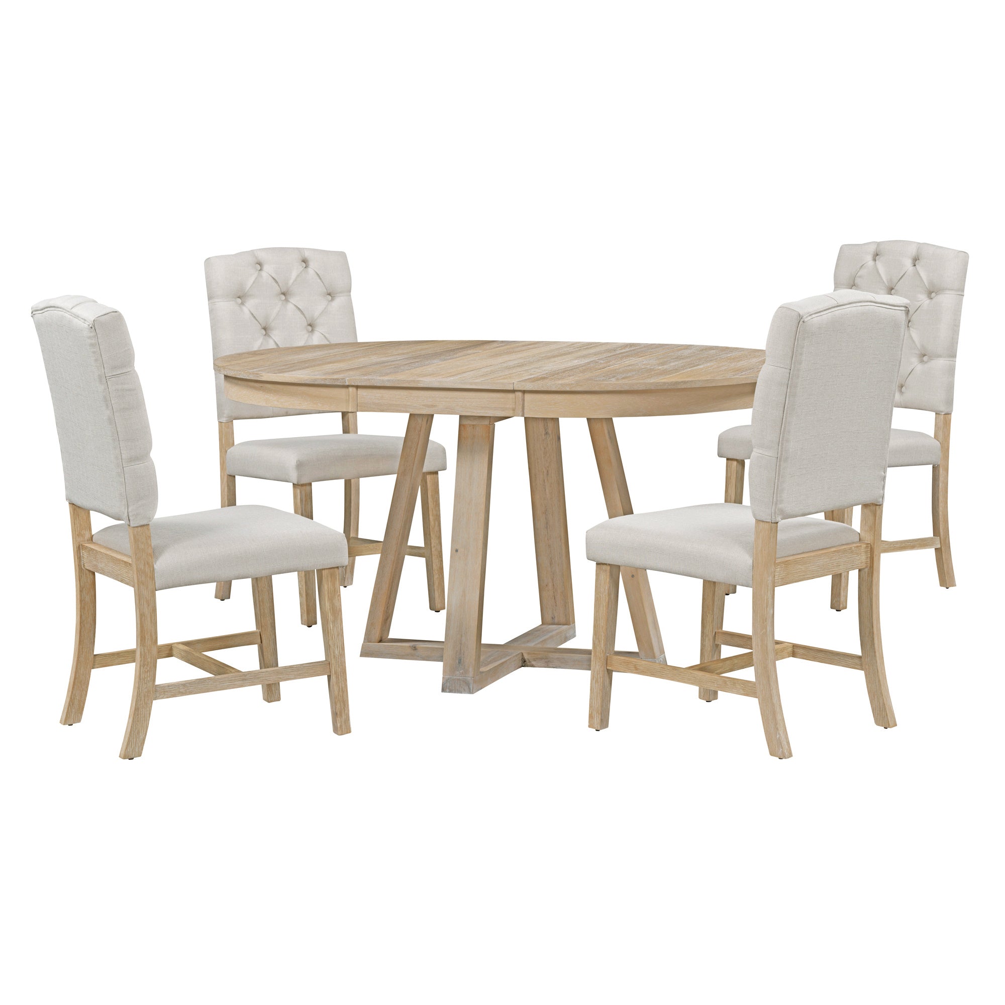 5-Piece Retro Functional Dining Set, Round Table with a 16"W Leaf and 4 Upholstered Chairs - Natural