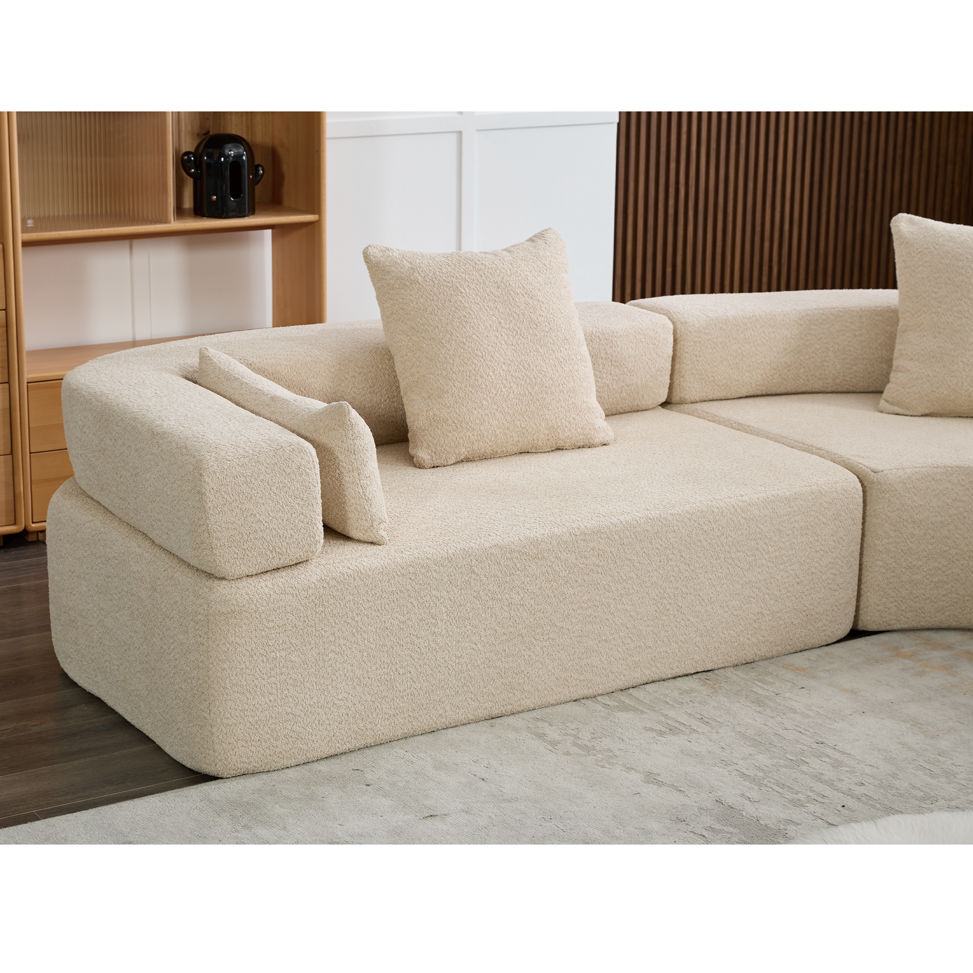 Upholstered 4 Seater Couch for Living Room, Modern Modular 3 Piece Free Combination, Semicircular Modular Sofa - Boucle, Khaki