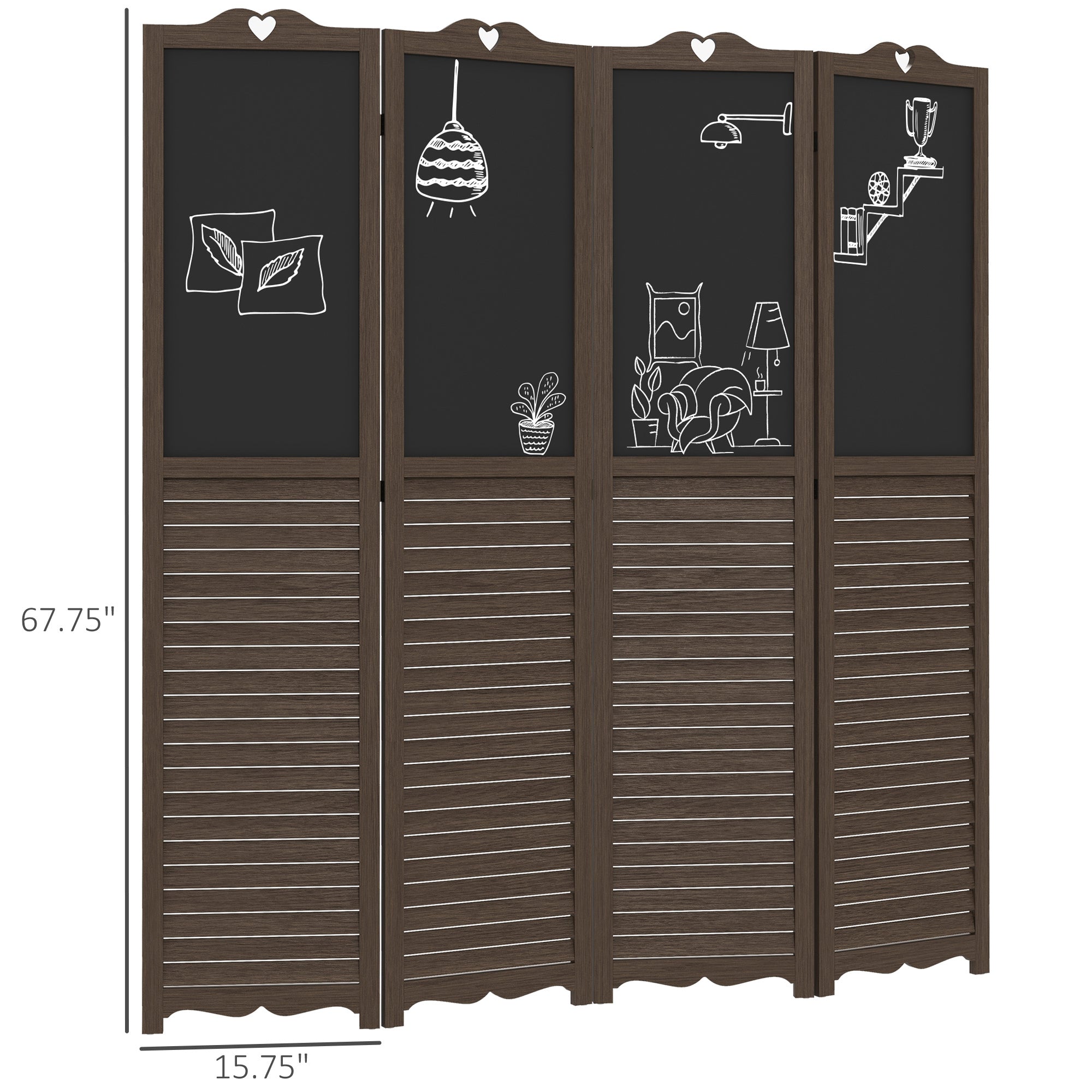 4-Panel Folding Room Divider with Blackboard, 5.5 Ft Tall Freestanding Privacy Screen Panels - Walnut Brown