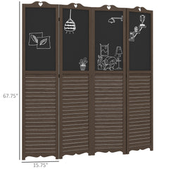 4-Panel Folding Room Divider with Blackboard, 5.5 Ft Tall Freestanding Privacy Screen Panels - Walnut Brown