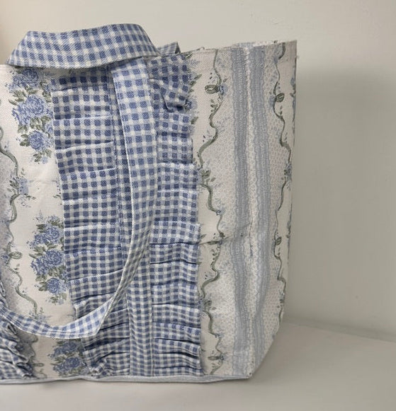 French Provençale Style Tote Bag 15" tall Eco-Friendly botanical floral print - Blue and White