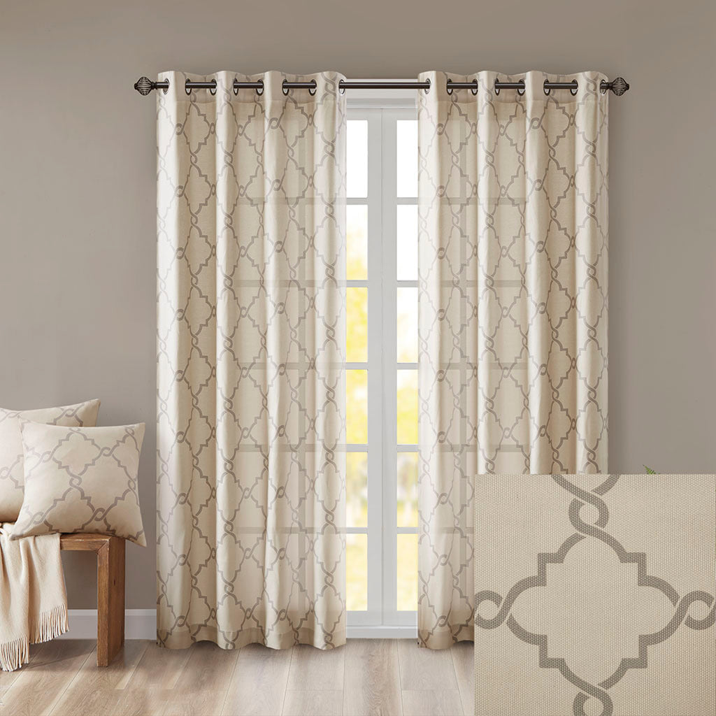 50x108" Fretwork Print Grommet Top Window Curtain Panel - Beige+Grey (1 panel only)