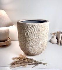 Minimalist Hand-Painted & Textured Planter Pot 17.5" tall with drainage hole one time creation - cream sand washed
