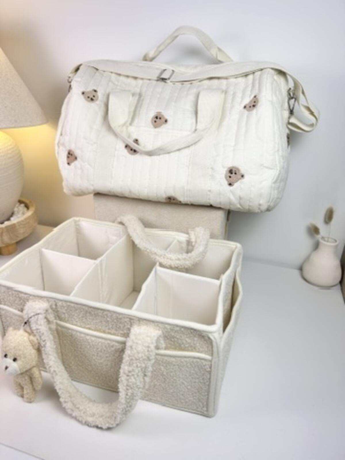 Set of 2 Travel Bag with Strap and Caddy Diaper Bag for Baby Essentials - Cream
