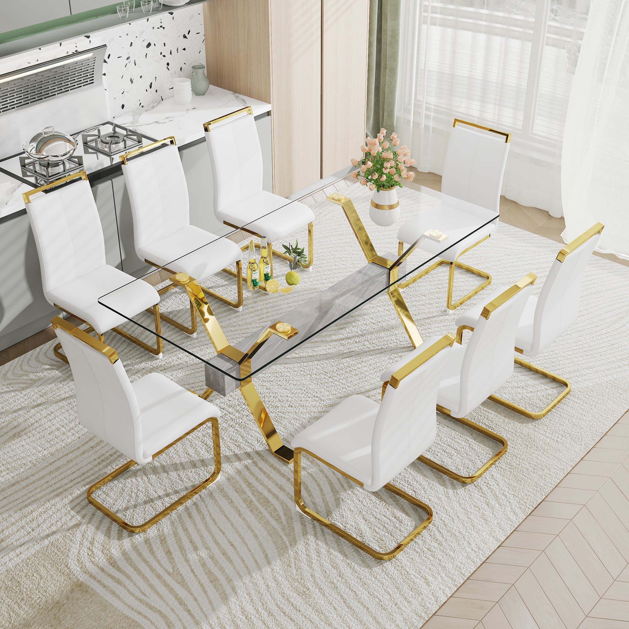 Modern Tempered Glass Dining Table - Transparent with Gold Plated Metal Legs (no chairs included))
