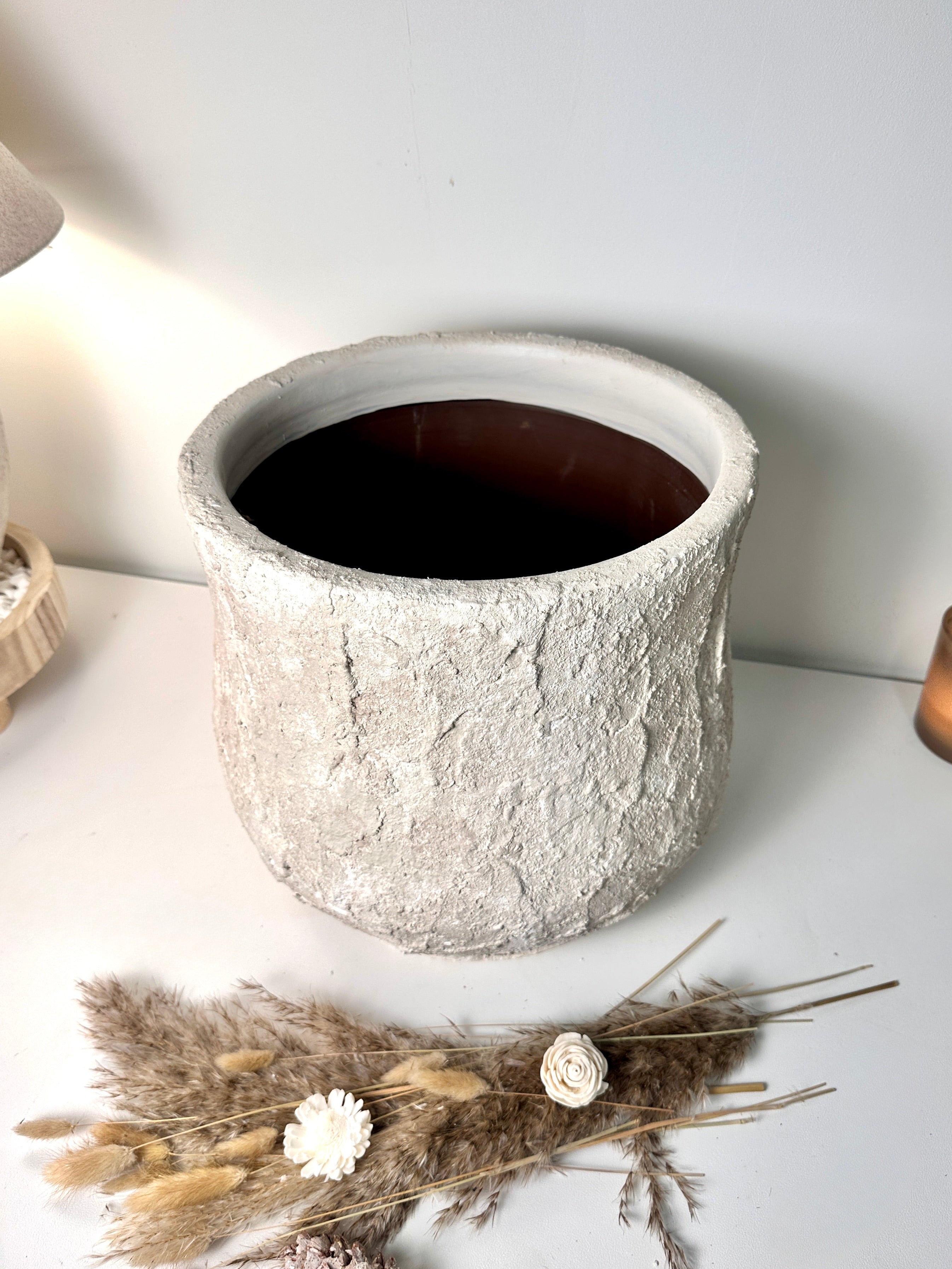 Minimalist Hand-Painted & Textured Planter Pot 12" tall with drainage hole one time creation - Cream Linen wash