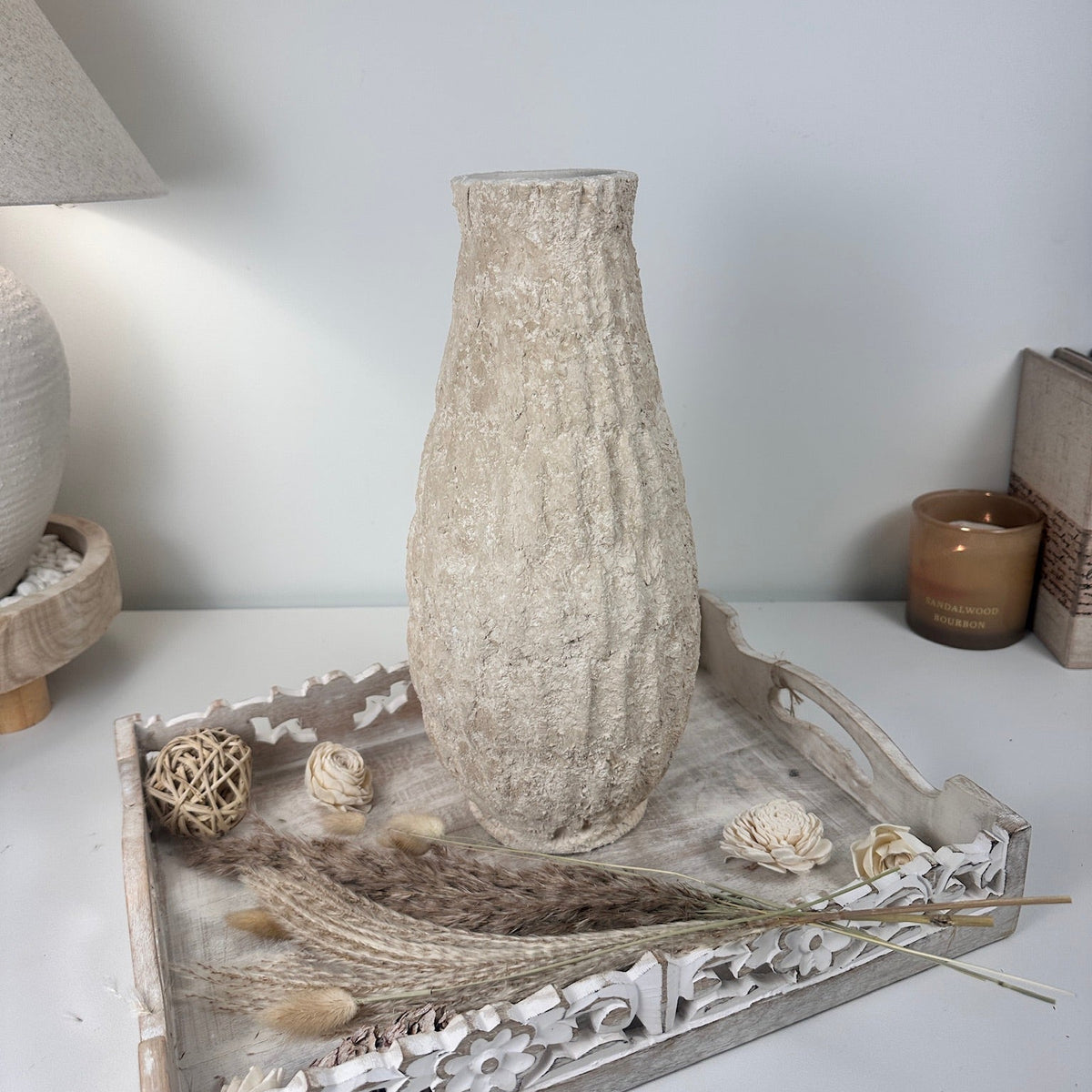 Minimalist Hand-Painted/Textured Ceramic Vase 14" - Cream Sand washed