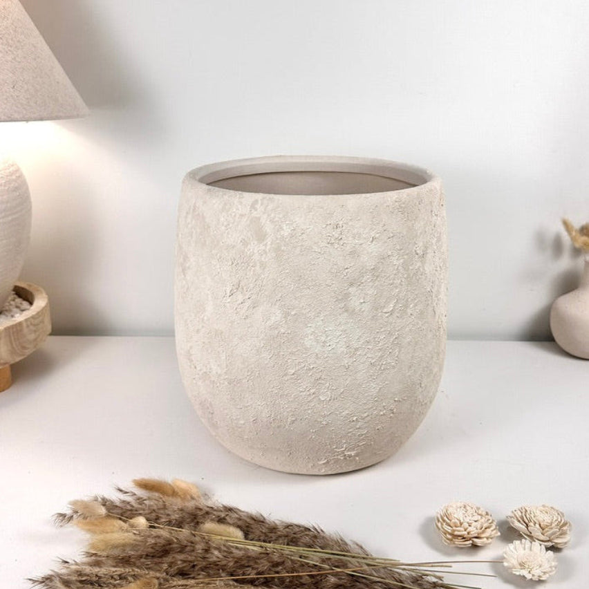 Minimalist Hand-Painted & Textured Planter Pot 12.5" tall with drainage hole one time creation - Cream Linen wash