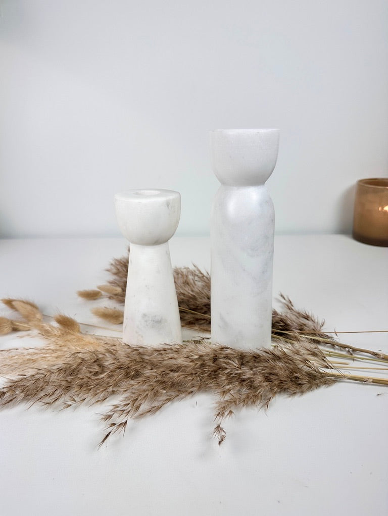 Set of 2 Marble Candle Holders (6x2x2" 8x2x2")  - White