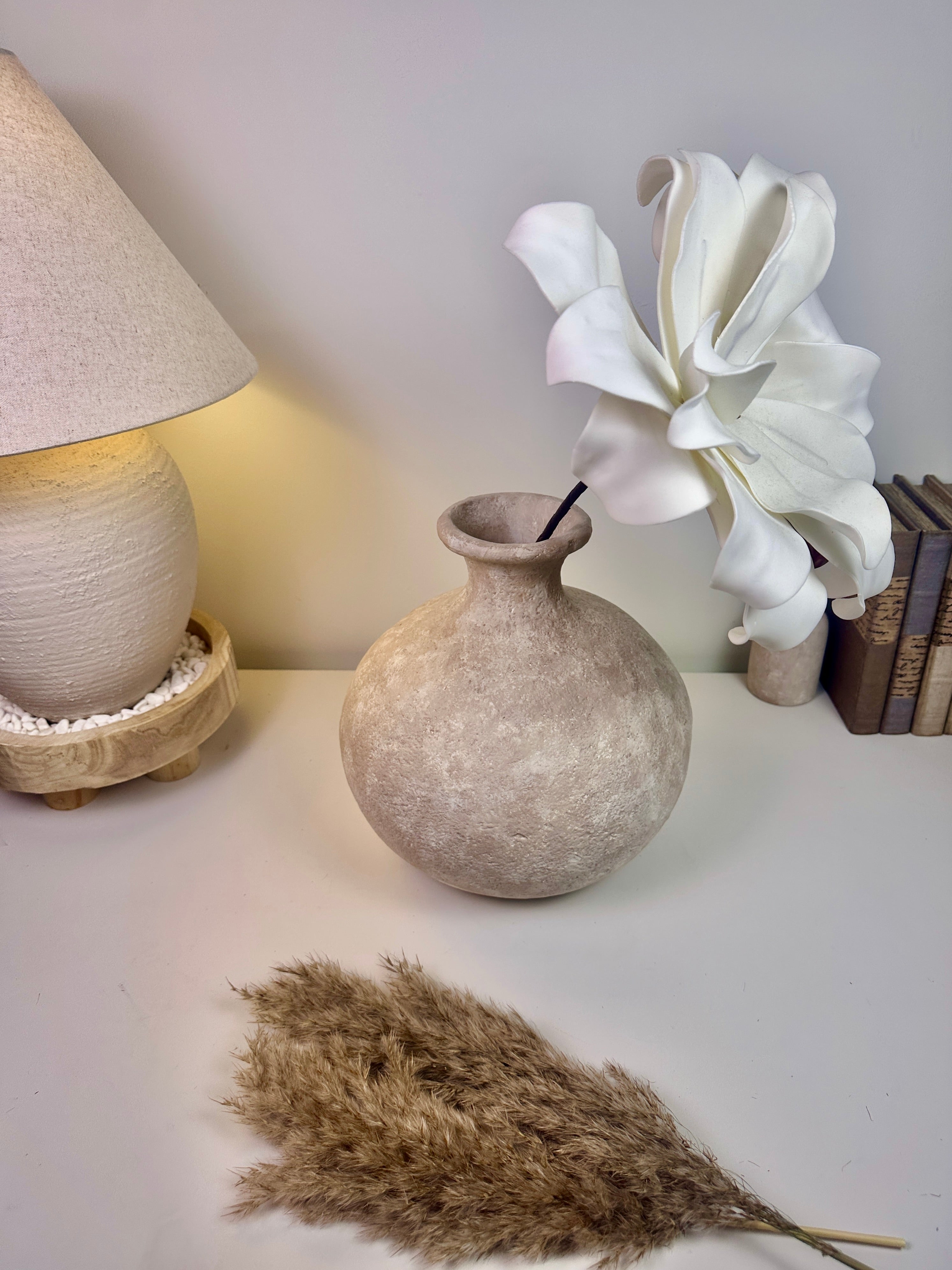 Minimalist Hand-Painted Ceramic Round Bottle Vase 11" tall -  Beige Washed