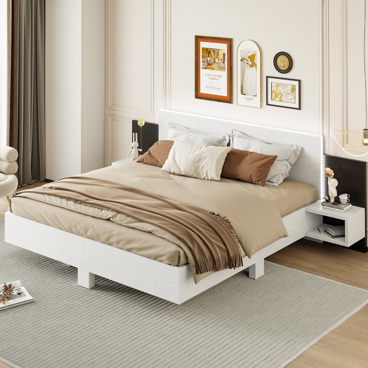 King Size Wooden  Floating Platform Bed, with LED Lights, Bedside Nightstand, White