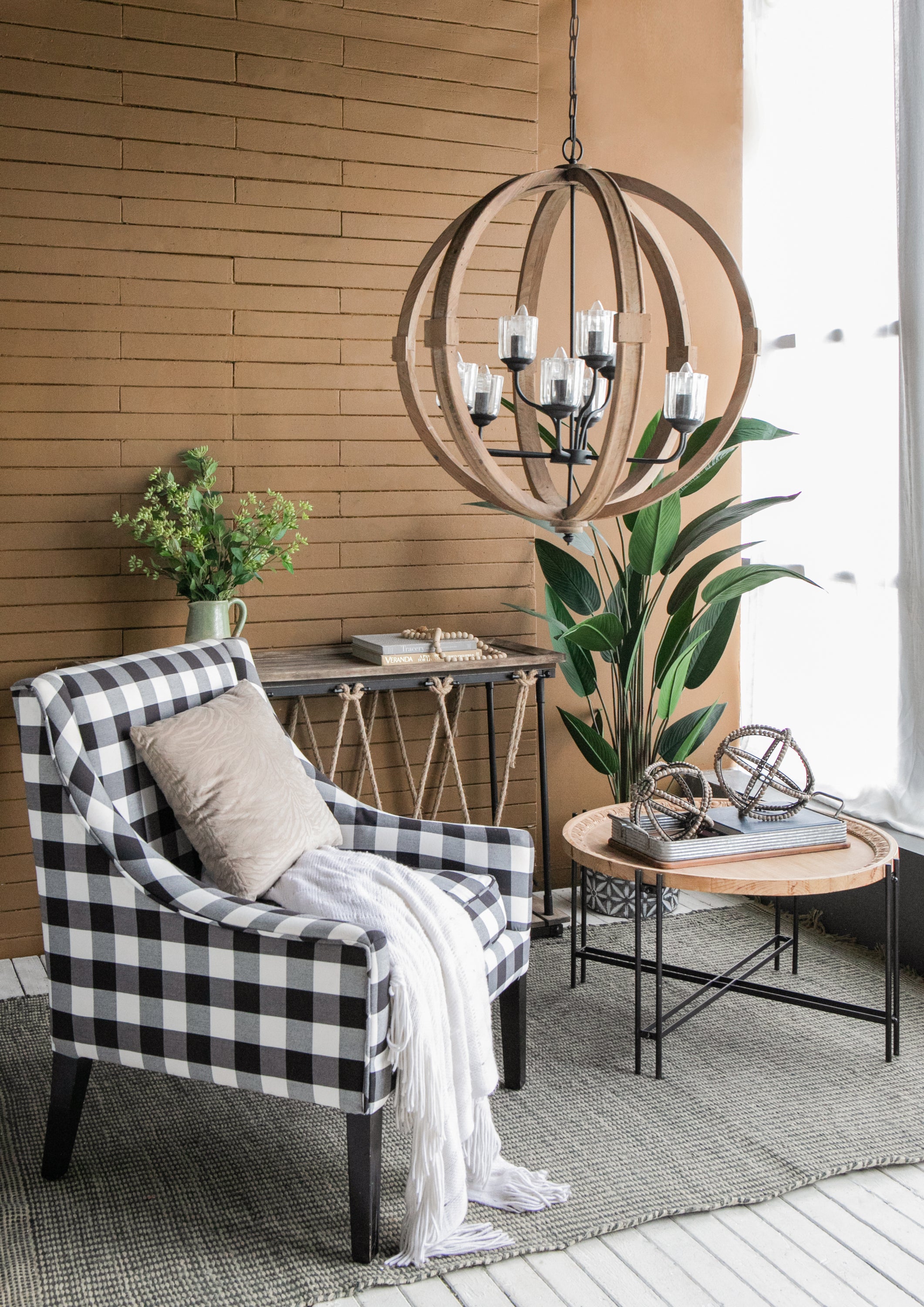 9- Light Globe Chandelier, Wood Chandelier Hanging Light Fixture with Adjustable Chain