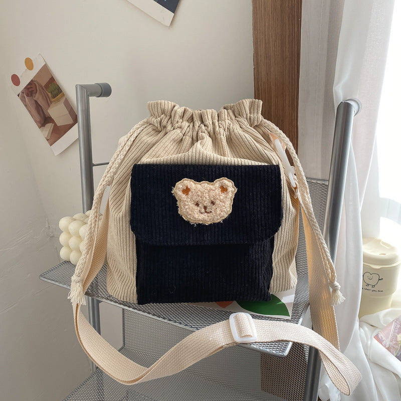 Cute Corduroy Drawstring Bucket Bag with Bear Design