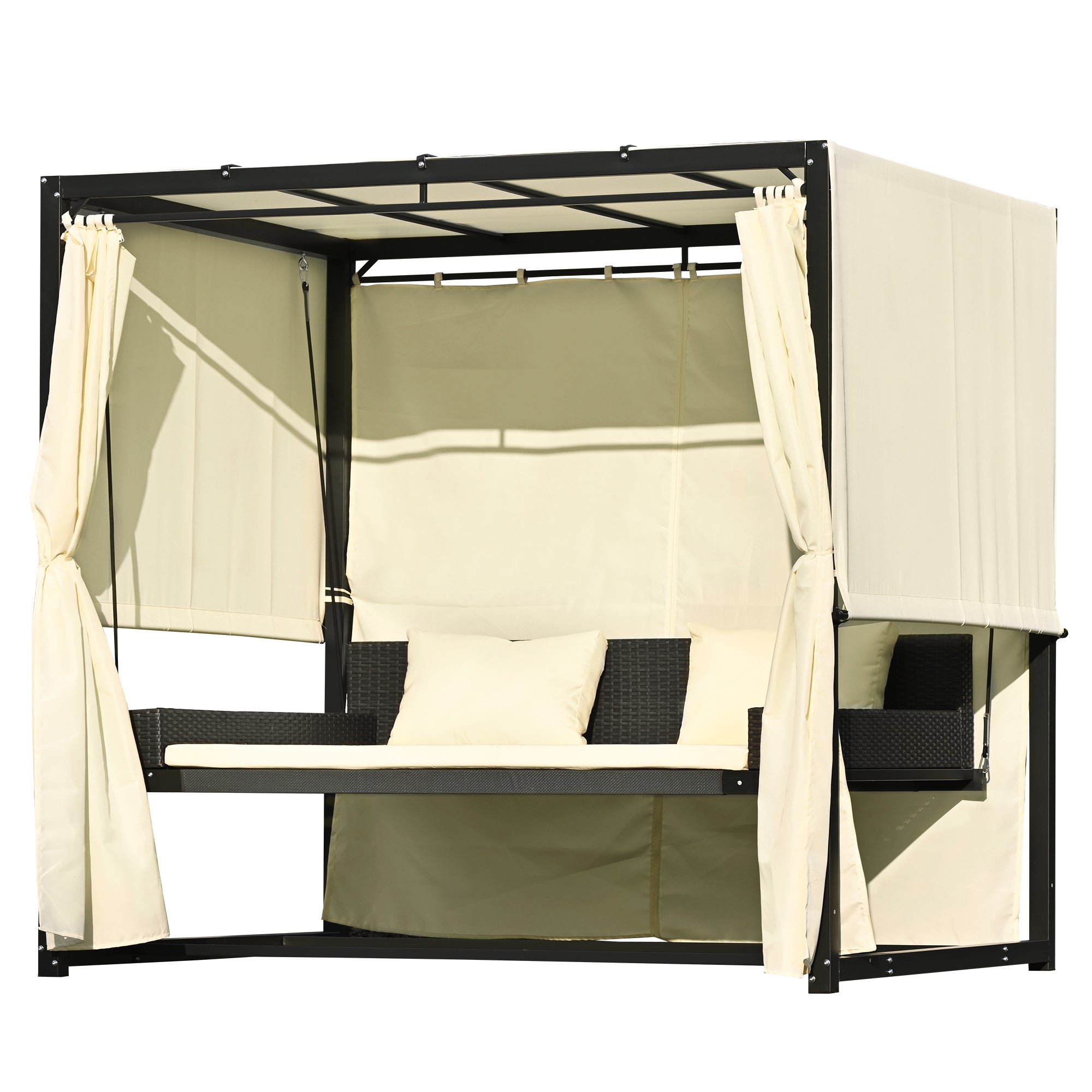Outdoor Swing Bed for 2-3 People, Adjustable Curtains - Beige