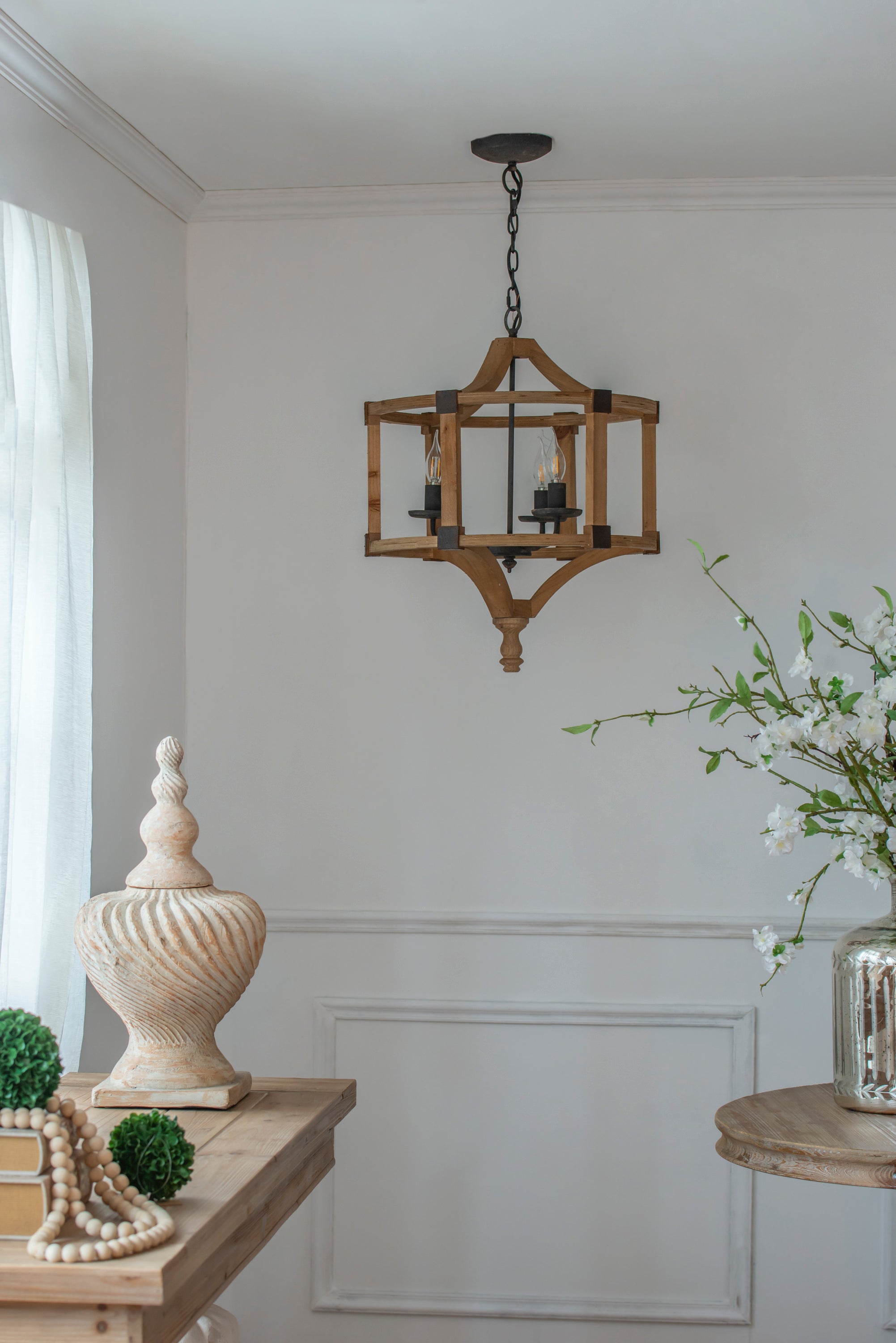 3-Light Wood Drum Chandelier, Hanging Light Fixture with Adjustable Chain