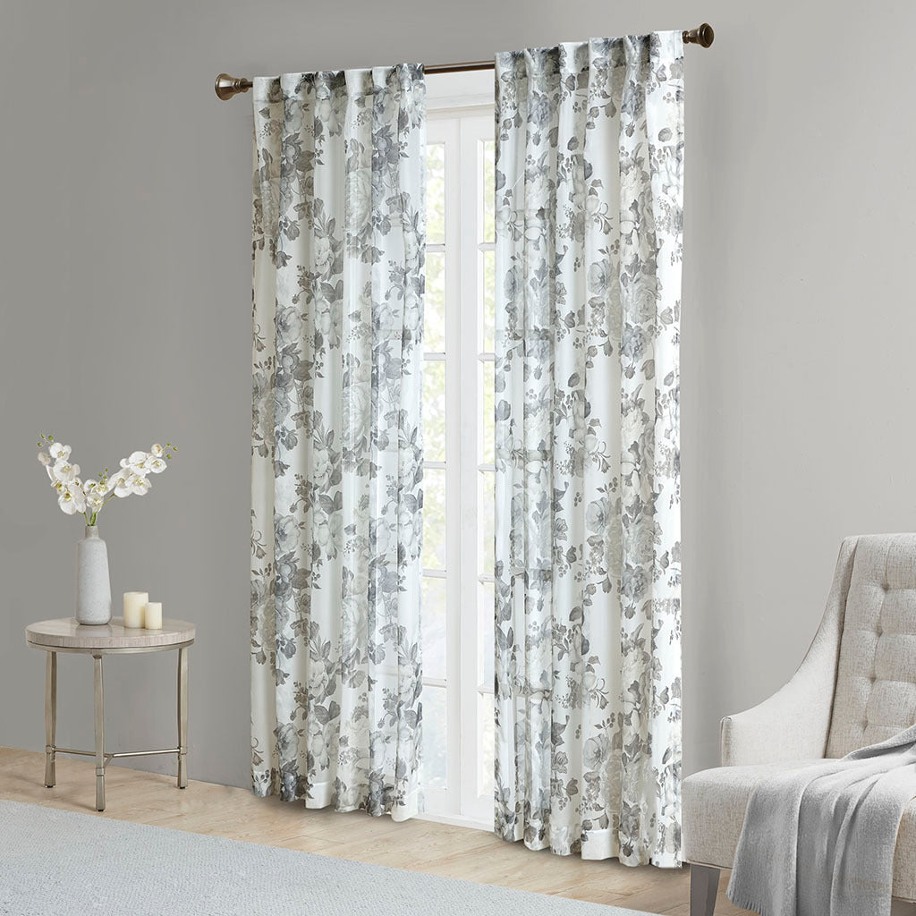Printed Floral Rod Pocket and Back Tab Voile Sheer Curtain - White