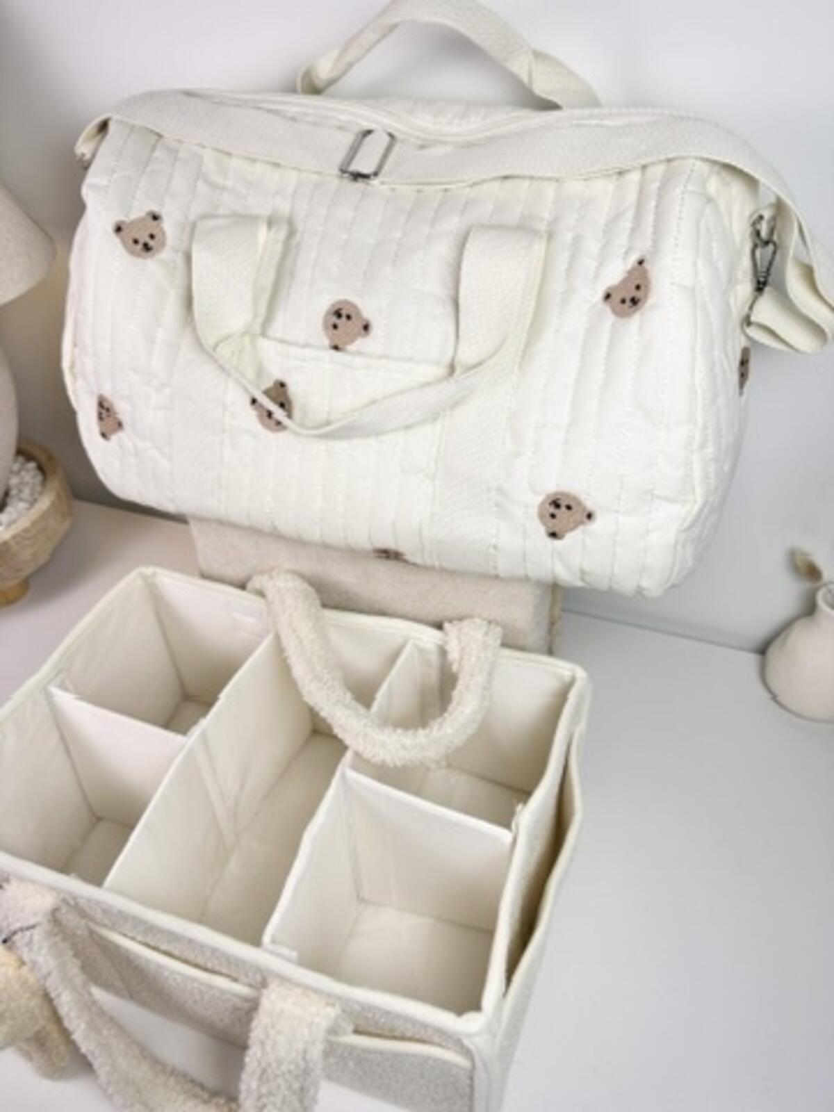 Set of 2 Travel Bag with Strap and Caddy Diaper Bag for Baby Essentials - Cream