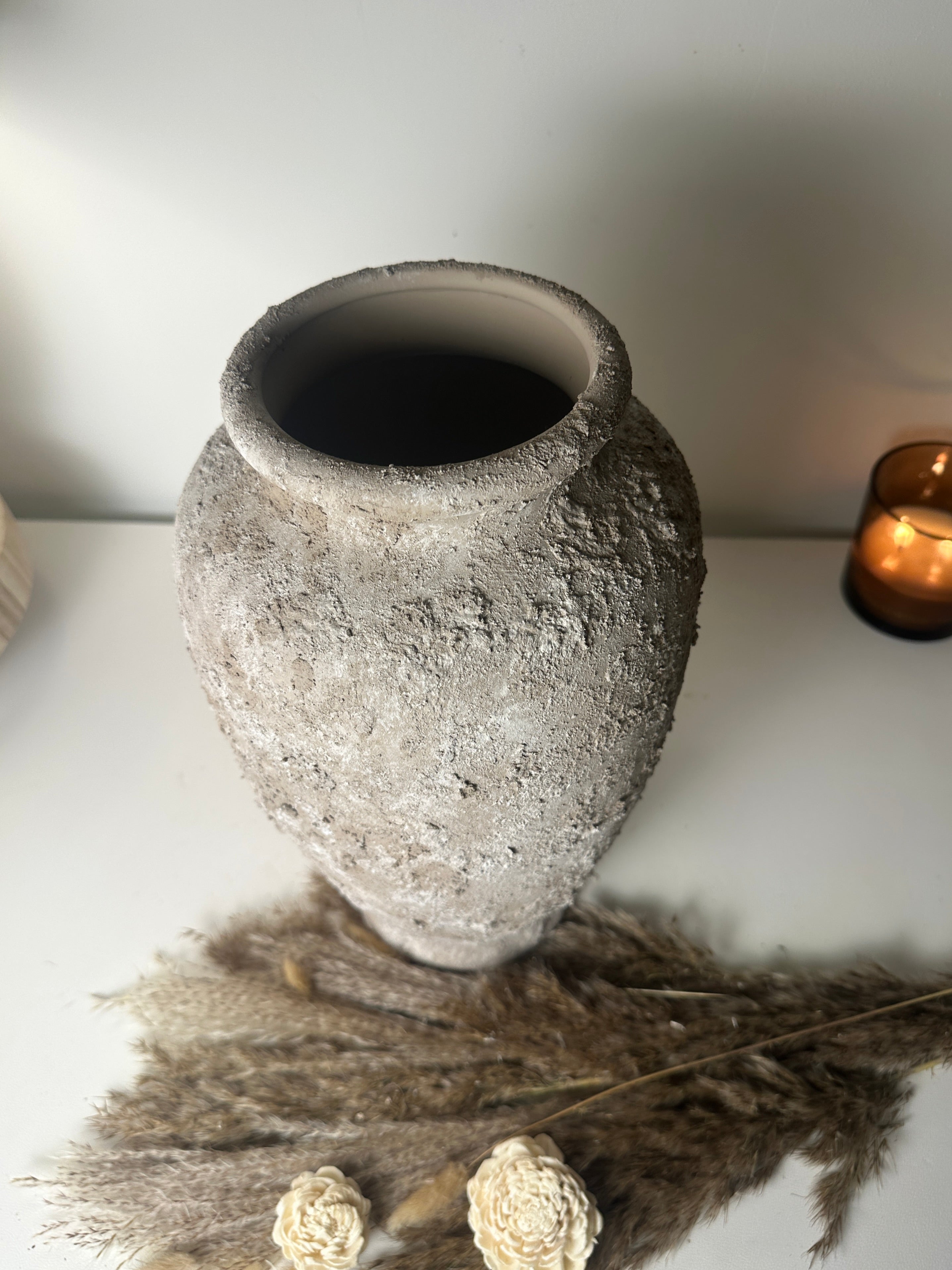 Rustic Hand-Painted Textured Ceramic Vase 14" tall - Beige Wash