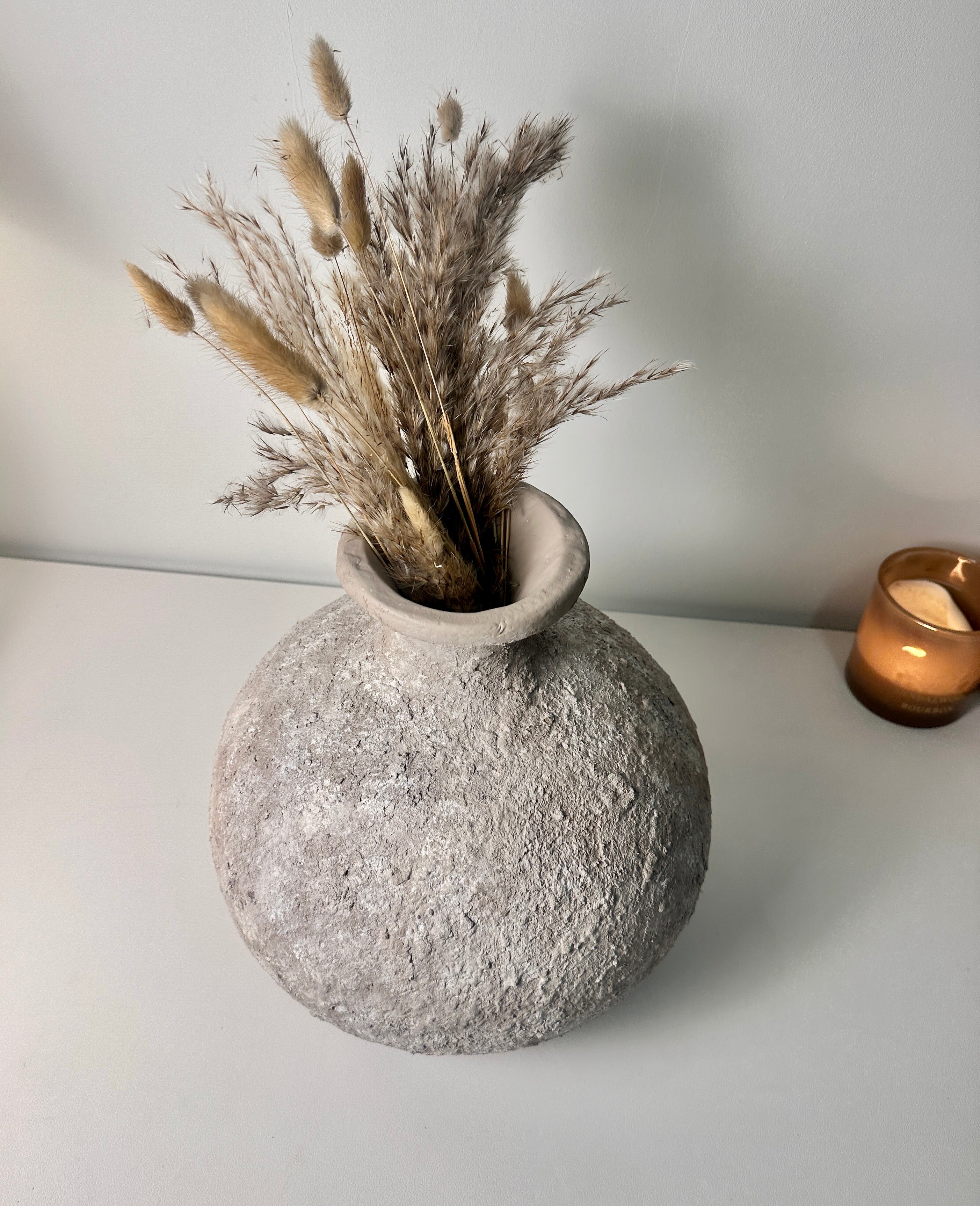 Rustic Hand-Painted Ceramic Round Bottle Vase 11" tall - Beige Wash