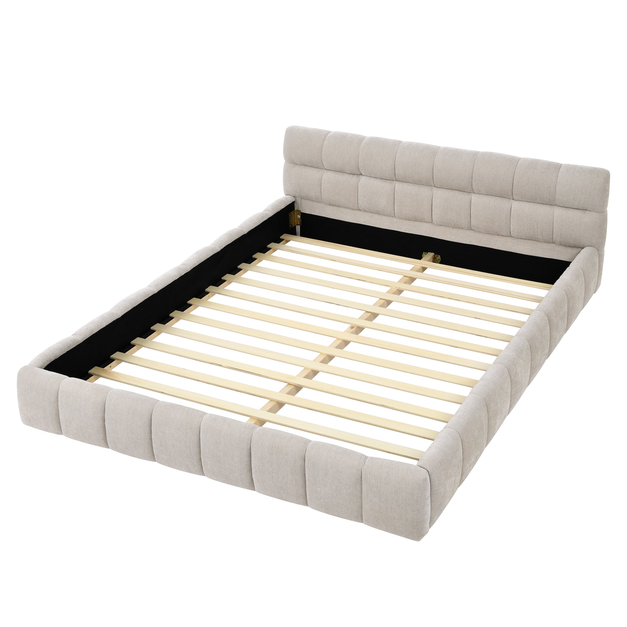 Queen Size Upholstered Bed Frame with Thick Fabric, Chenille Fabric Grounded Queen Size Platform Bed with Headboard and Solid Frame. No Box Spring Needed, Beige(68''x86.5''x23.5'')