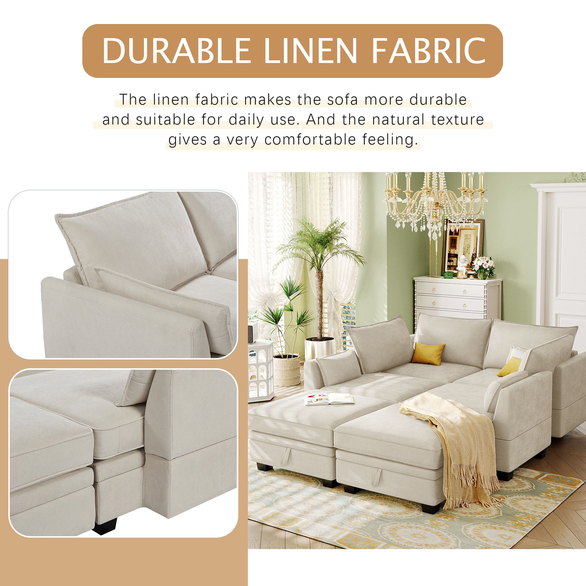 Modern Large U-Shape Modular Sectional Sofa,  Convertible Sofa Bed with Reversible Chaise - Beige