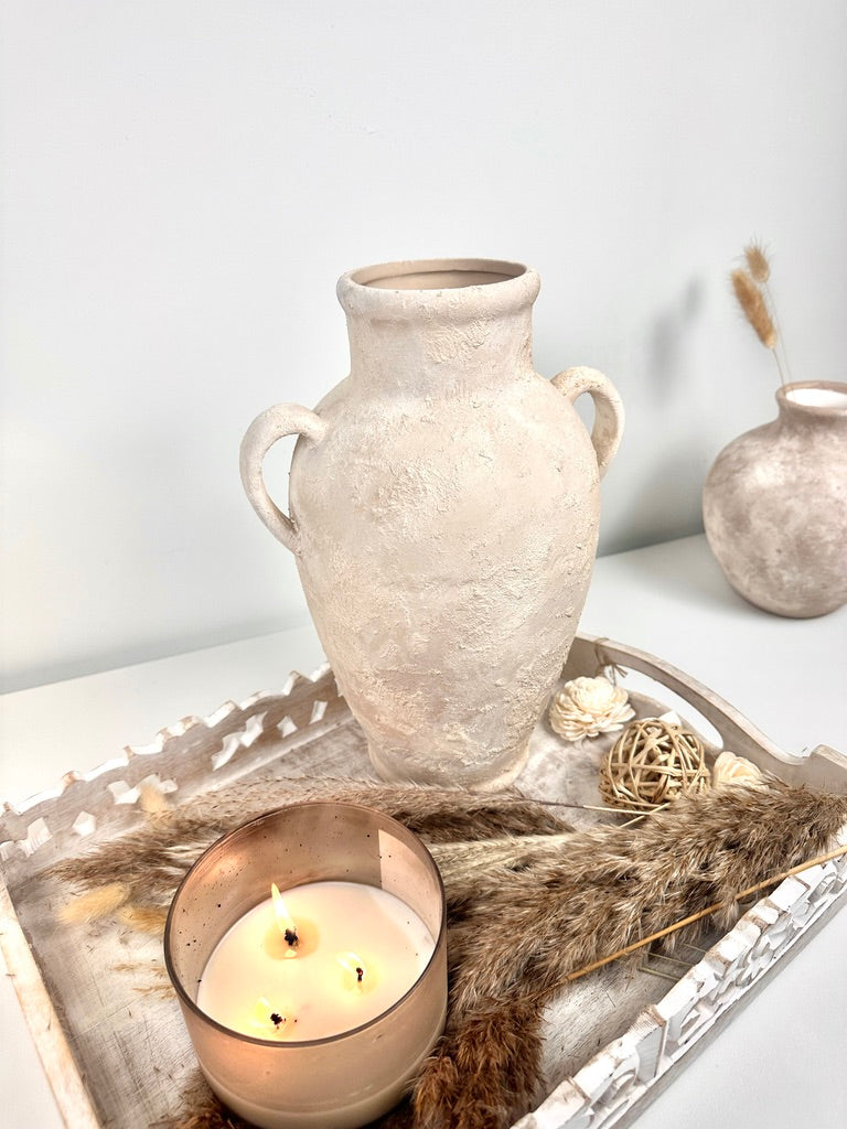 Minimalist Roman Style Textured Hand-painted Ceramic Vase 12" tall - cream/off-white