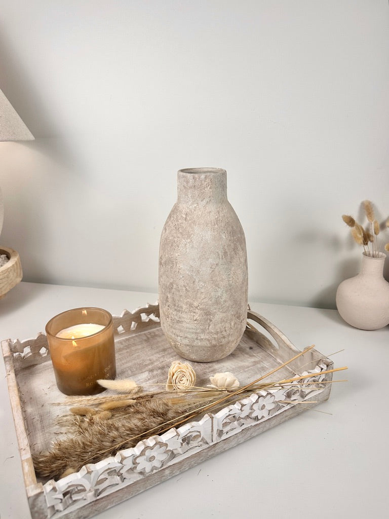 Rustic Hand-Painted/Textured Ceramic Vase 12” tall - beige washed