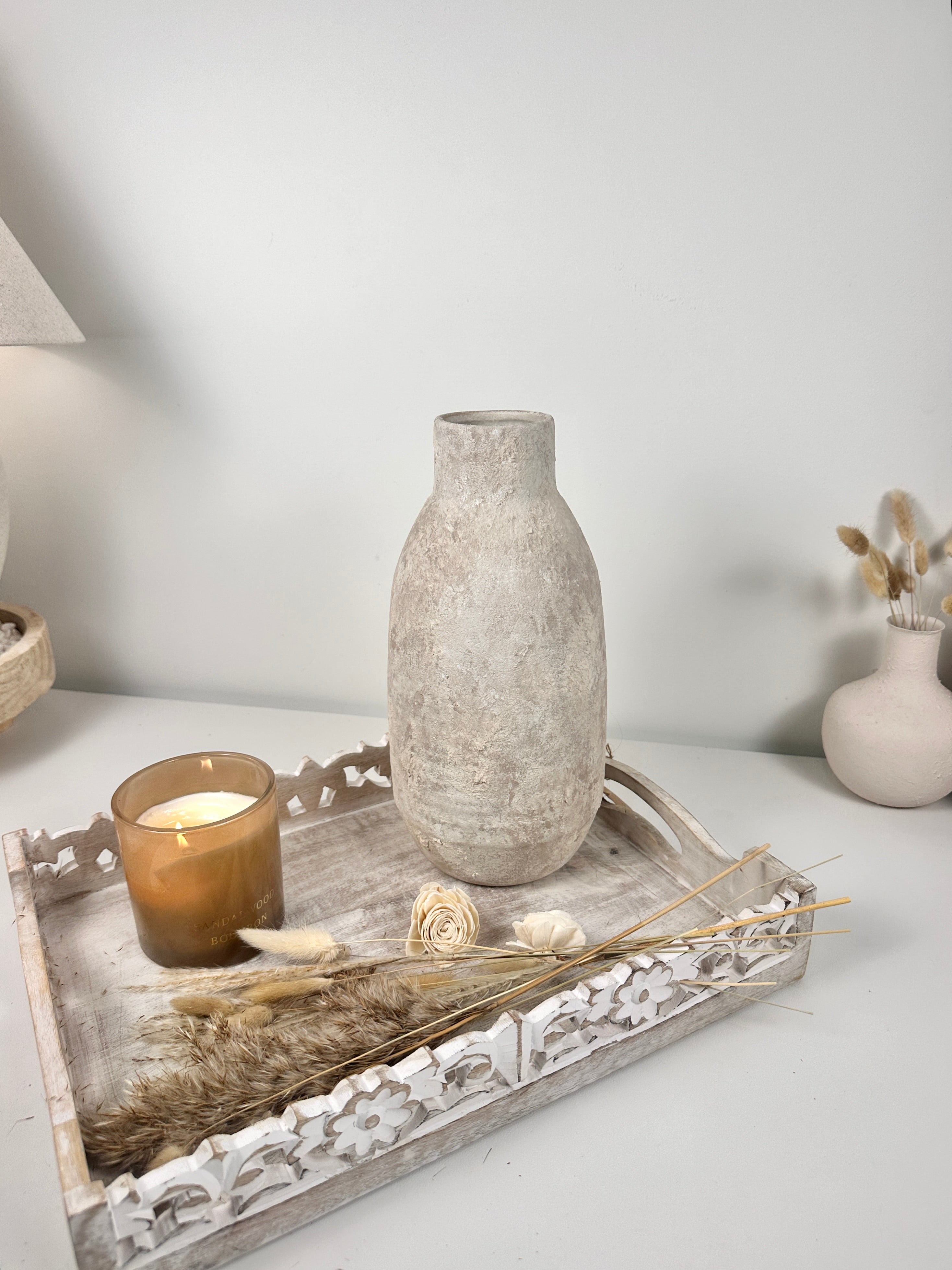 Rustic Hand-Painted/Textured Ceramic Vase 12” tall - beige washed